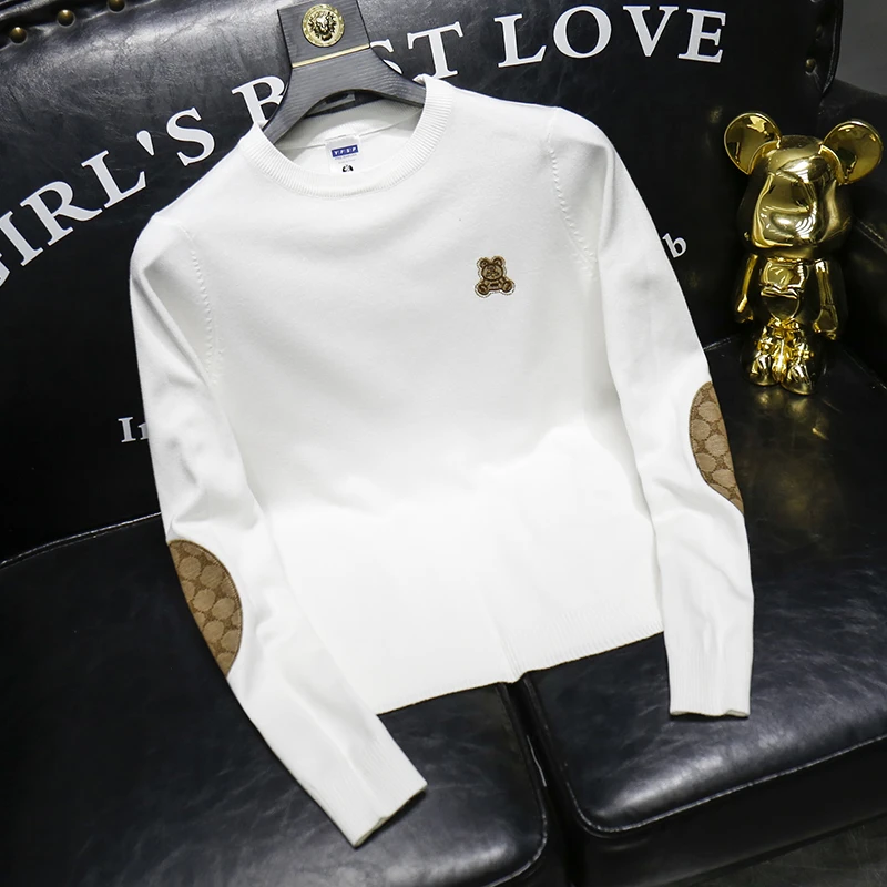 秋装新款圆领毛衣男士潮流潮牌线衣小熊长袖修身套头针织打底衫男