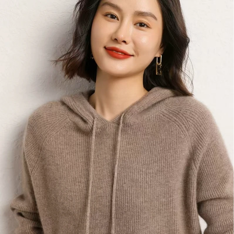 2024女士加厚冬款针织帽衫卫衣百搭连帽宽松纯色带帽长袖时尚1382