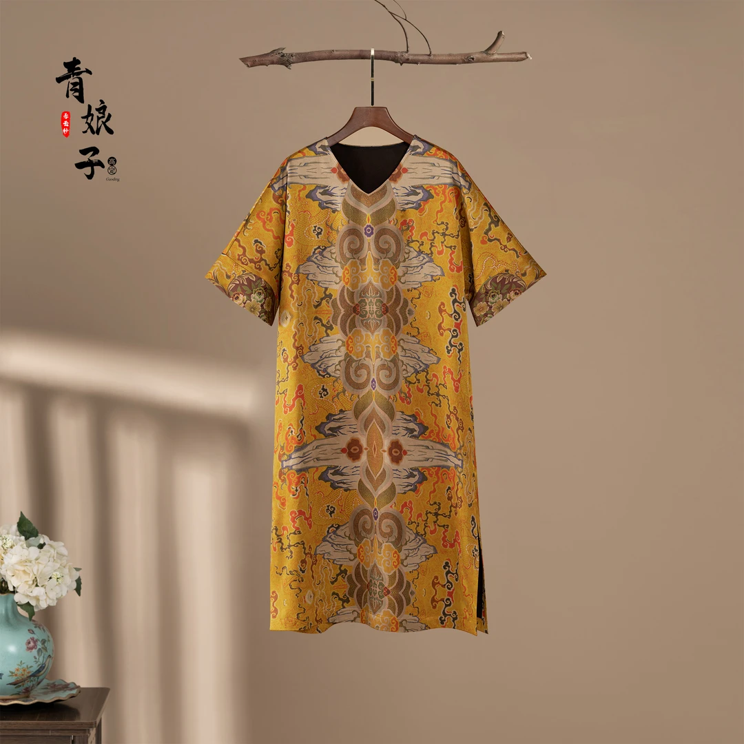 香云纱（青音）重缎定位印花新中式时尚V领宽松气质女士连衣裙50159