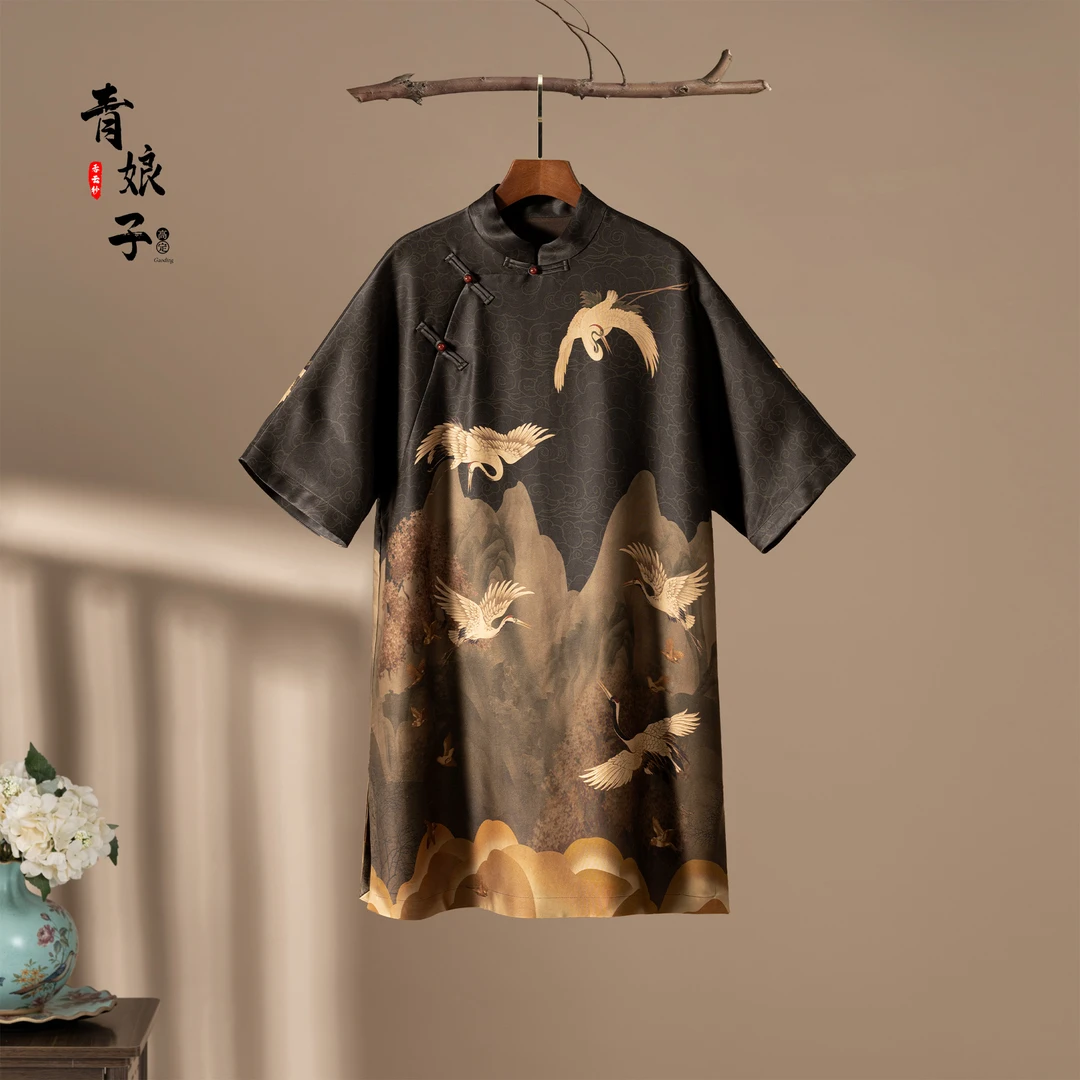 青娘子香云纱（宵峨）复古定位印花气质时尚夏季女士连衣裙---50761