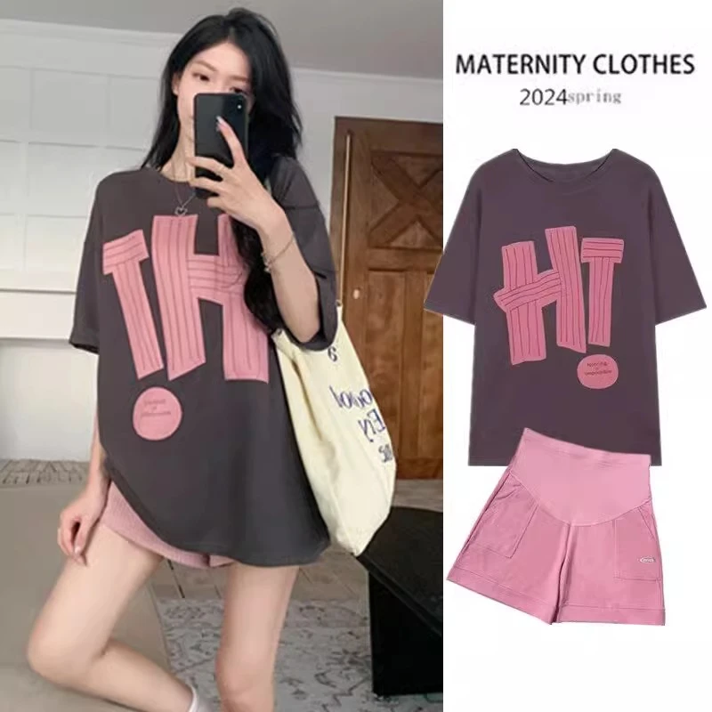 孕妇套装夏款2025新款夏季薄款休闲短袖T恤阔腿短裤两件套女外穿