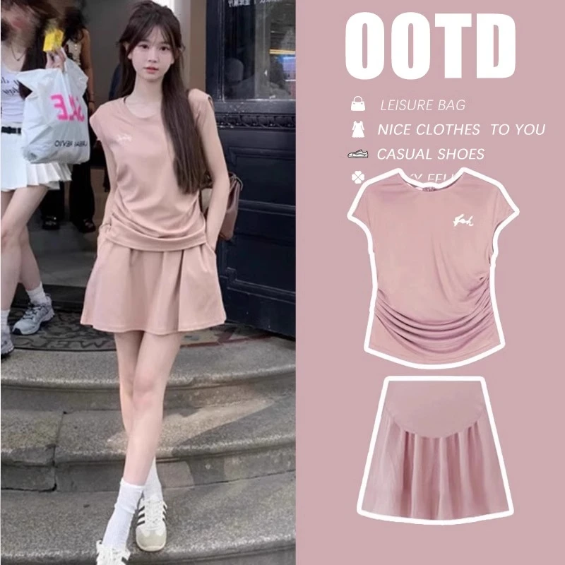 孕妇套装时尚洋气时髦粉色短袖薄款上衣半身短裙裤两件套2025新款