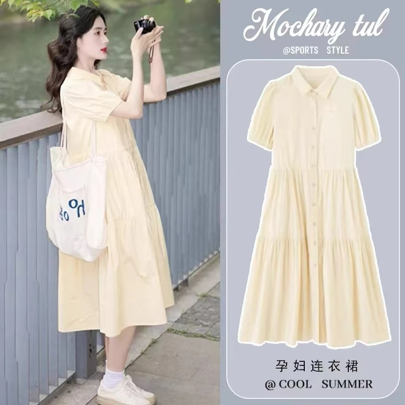 孕妇夏装连衣裙2025新款时尚洋气短袖衬衫长裙小个子夏季孕妇裙子