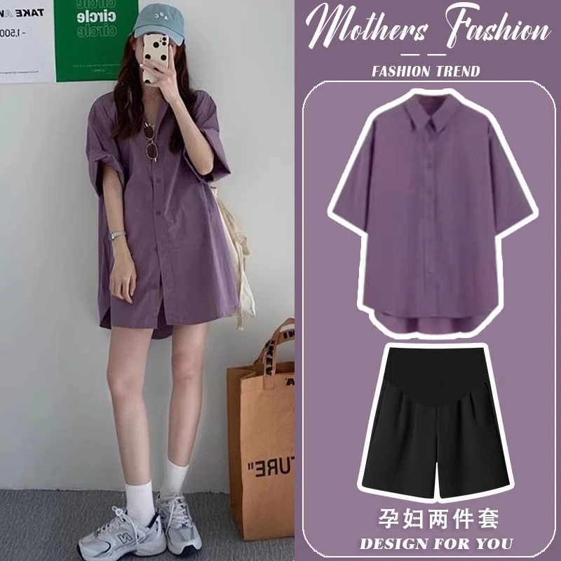 孕妇套装时尚洋气时髦紫色短袖薄款上衣衬衣短裤两件套2025新款夏