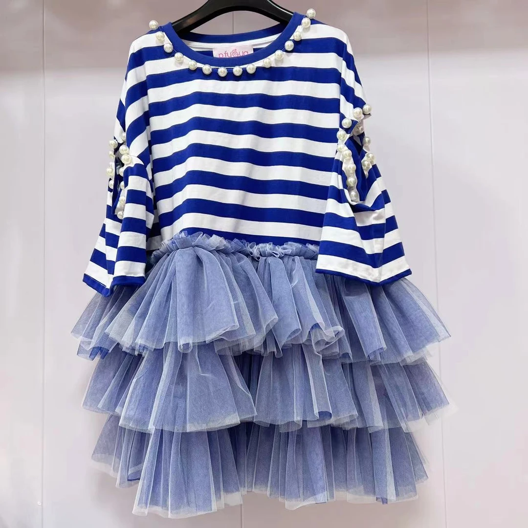 99024【熙妮定制】泰潮高端设计师款时尚潮流海军风条纹连衣裙