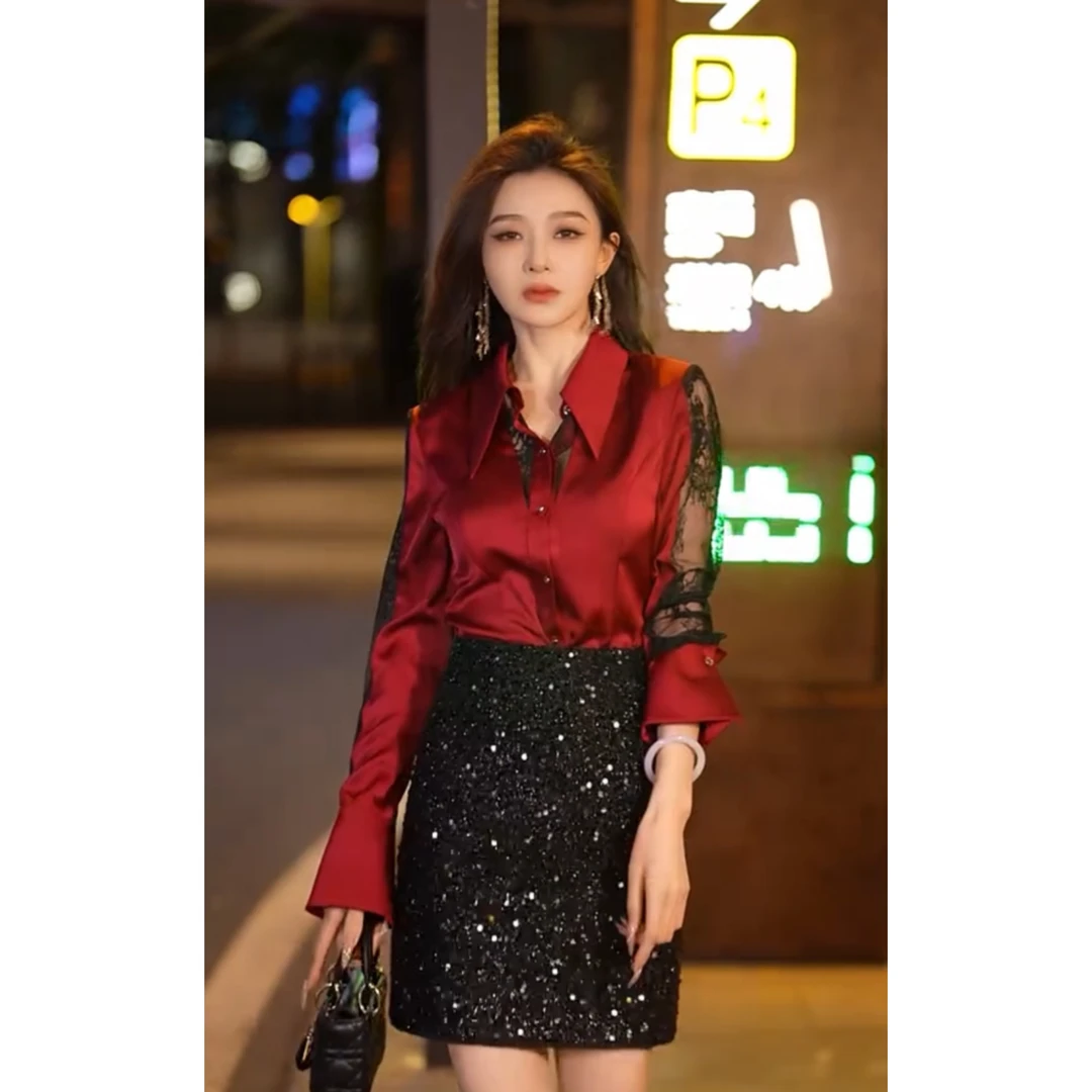 欧货新款轻奢时尚气质长袖衬衫女法式蕾丝拼接设计感上衣