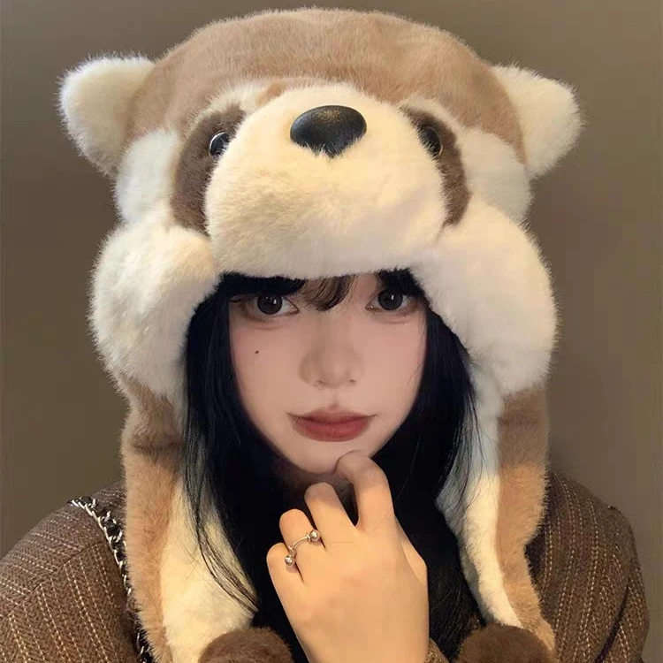 可爱卡通小浣熊毛绒雷锋帽女秋冬加厚防寒保暖护耳帽