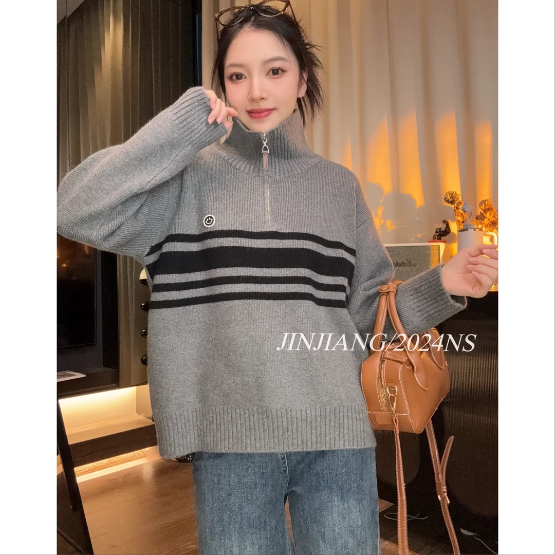 ROUSI【冬日笑脸】秋冬设计感半拉链高领条纹时尚宽松套头毛衣上衣