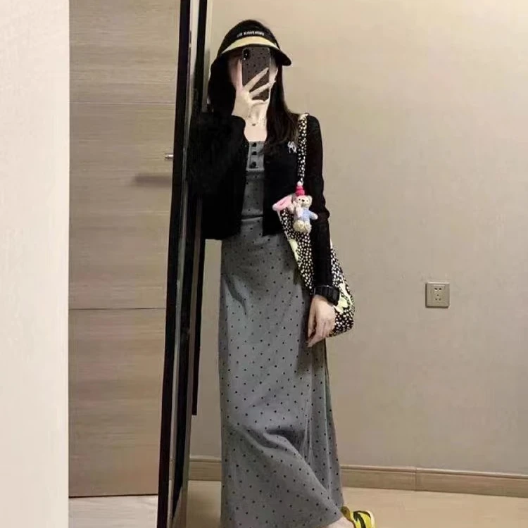 米欧家大码女装波点针织吊带裙防晒开衫两件套