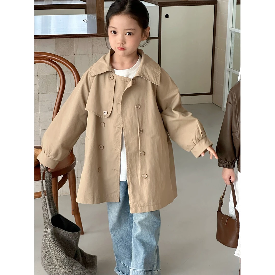 英伦风 儿童双排扣风衣 女童中长款双层外套 中童开衫 春秋 87438