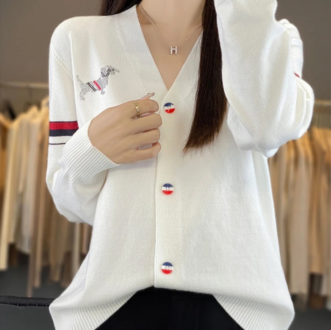 V领撞色长袖开衫烫钻小狗百搭休闲日系宽松上衣