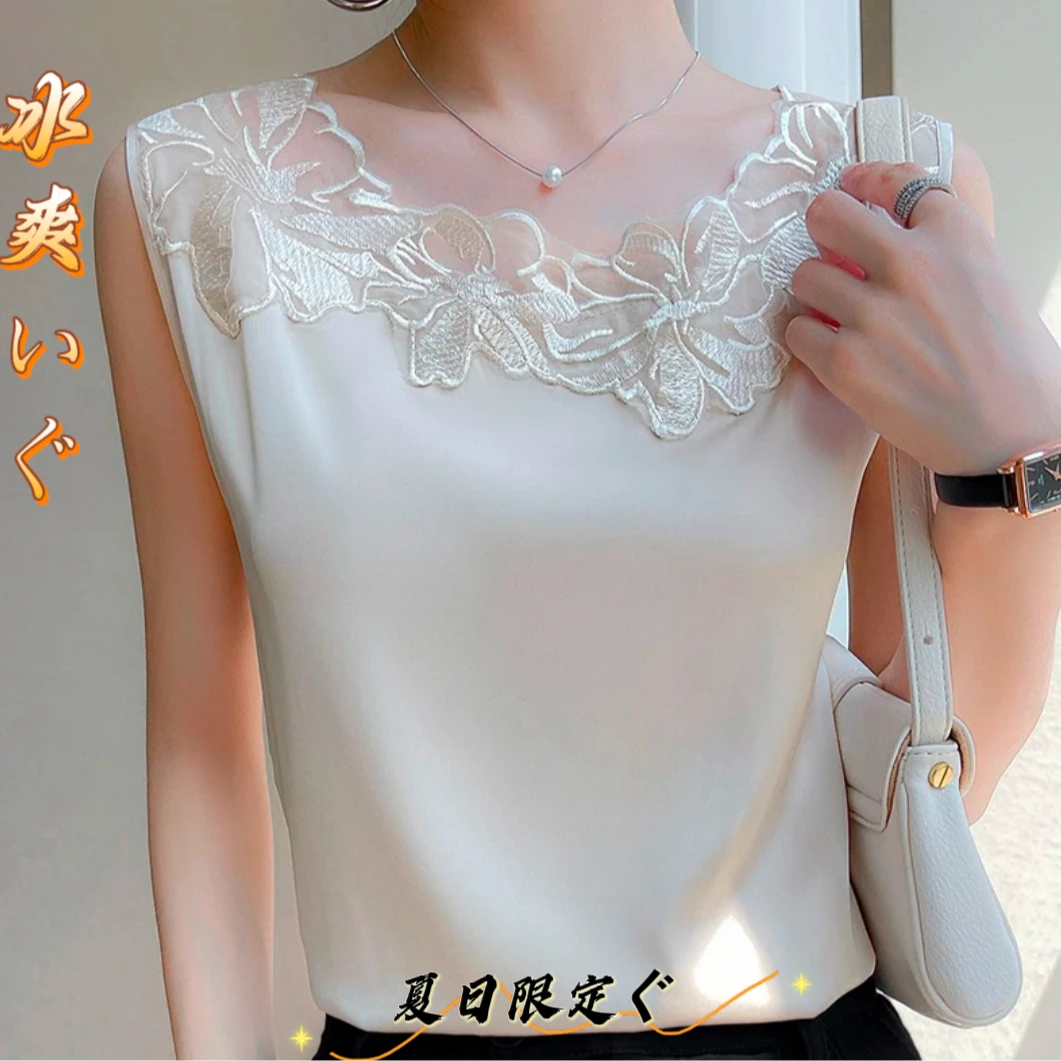 蕾丝无领勾花拼接背心女遮肚宽松高档缎面西装内搭无袖上衣