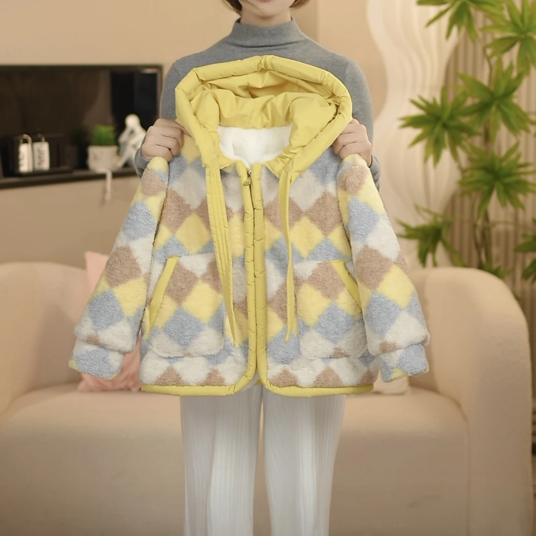 boboe/波波鹅2024冬季女童新款拼色格子加绒加厚毛毛外套--QC