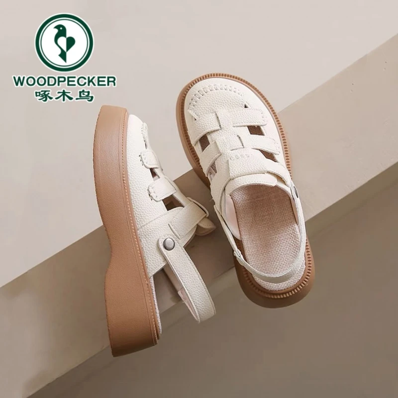 啄木鸟两穿镂空包头凉鞋女2025夏季新款森系罗马厚底半拖鞋女外穿