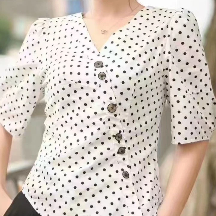 玛丝恩迪衬衫上衣显瘦气质衬衣时尚百搭夏季法式修身黑白波点衬衣