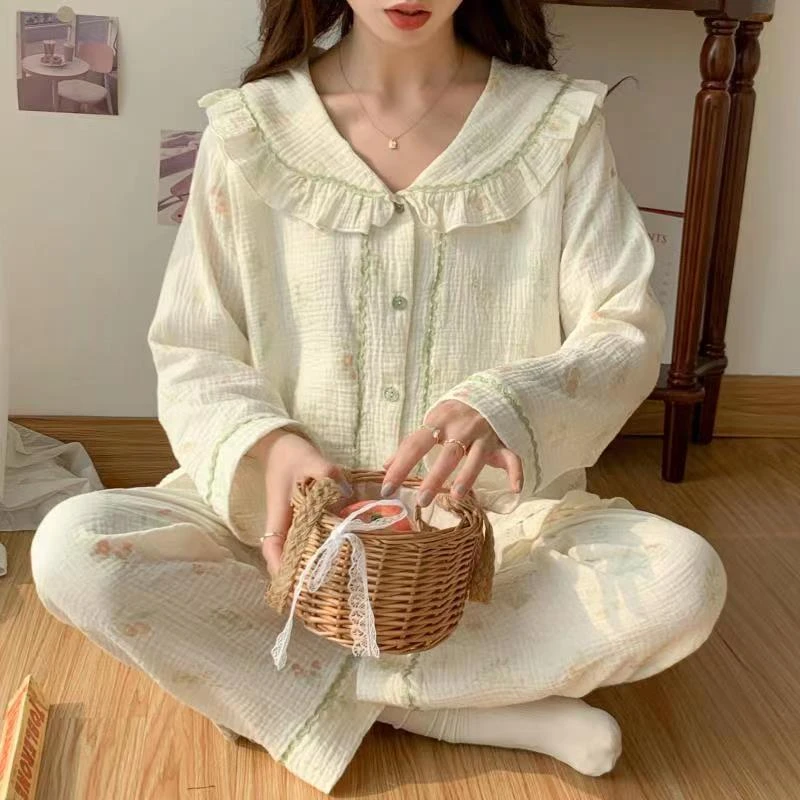 泡泡棉纱哺乳月子服孕妇产前后纯棉喂奶雪梨香茶套装