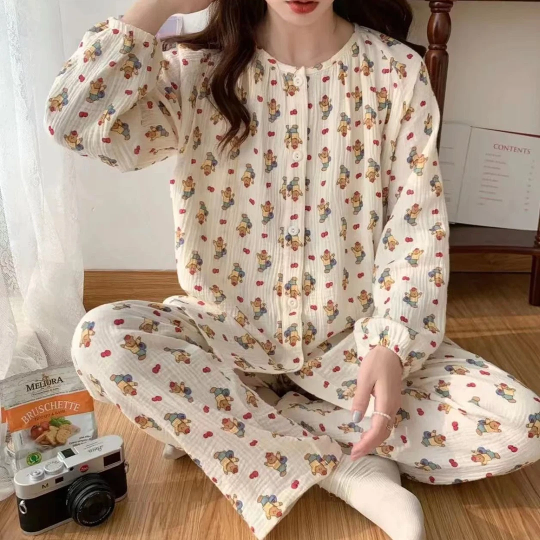 泡泡棉纱哺乳月子服孕妇产前后纯棉喂奶套装