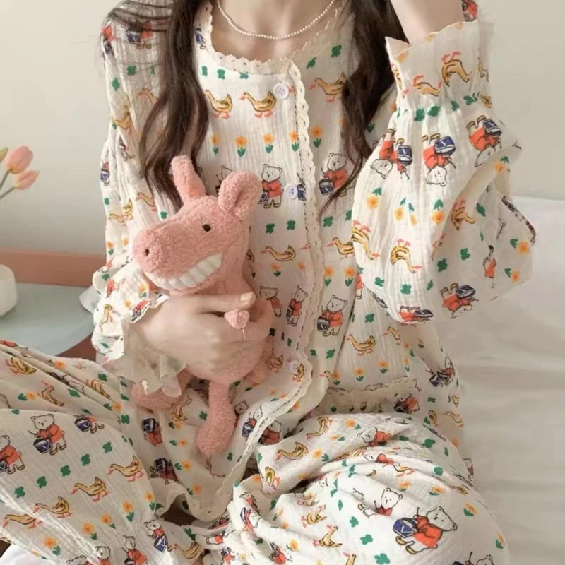泡泡棉纱孕妇哺乳睡衣产前后纯棉月子服家居服打鼓的小熊