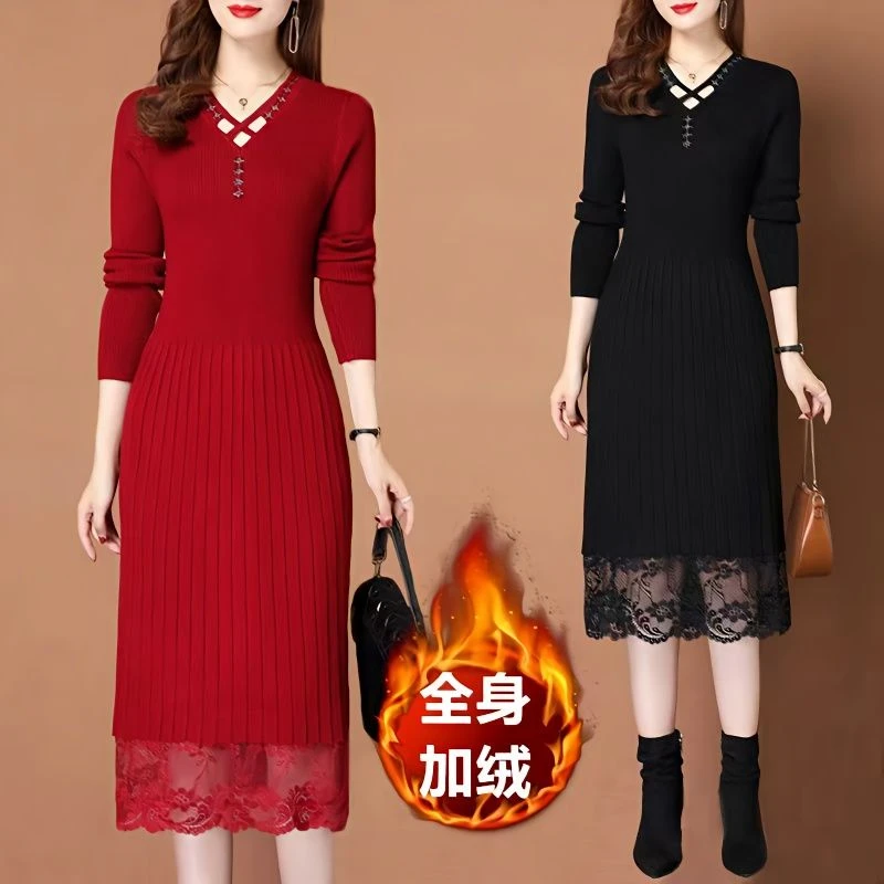 秋冬中长款针织连衣裙2023年新款女装打底衫女洋气蕾丝过膝毛衣裙