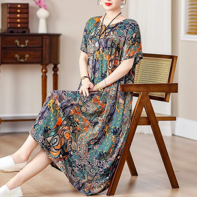 新款200斤妈妈棉绸连衣裙加肥加大女装民族风大码宽松遮肚棉裙子