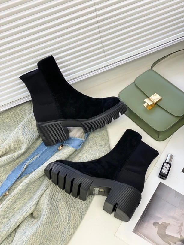 STAPLEWETIMZAN短靴弹力轻质厚底英伦风靴子百搭粗跟圆头秋季瘦靴