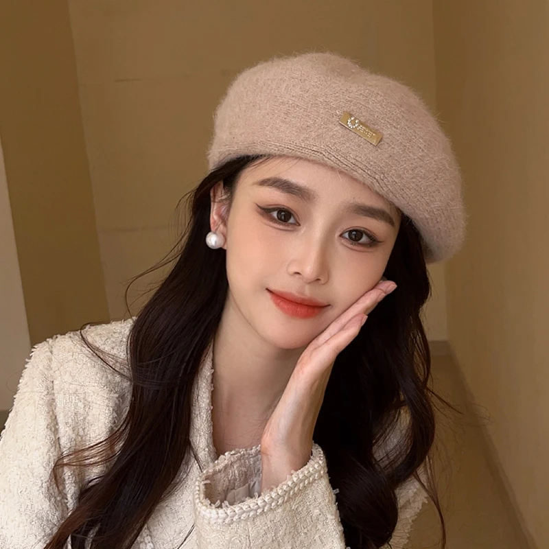 heyo/禾妖大头围兔毛贝雷帽女秋冬季韩版网红显脸小保暖画家帽