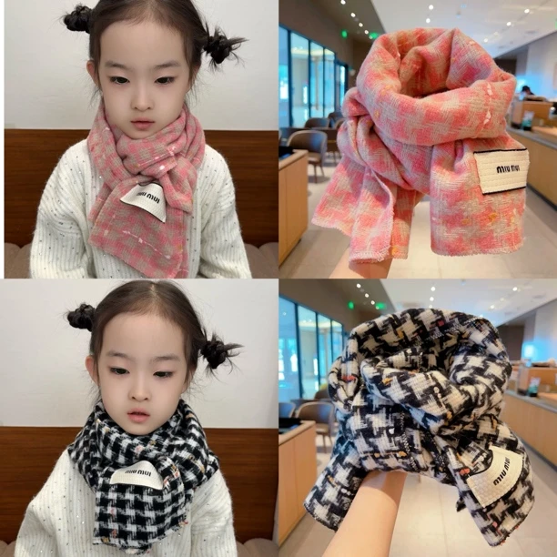 儿童围巾2025新款女童保暖宝宝复古秋冬千鸟格毛线男女孩围脖冬季