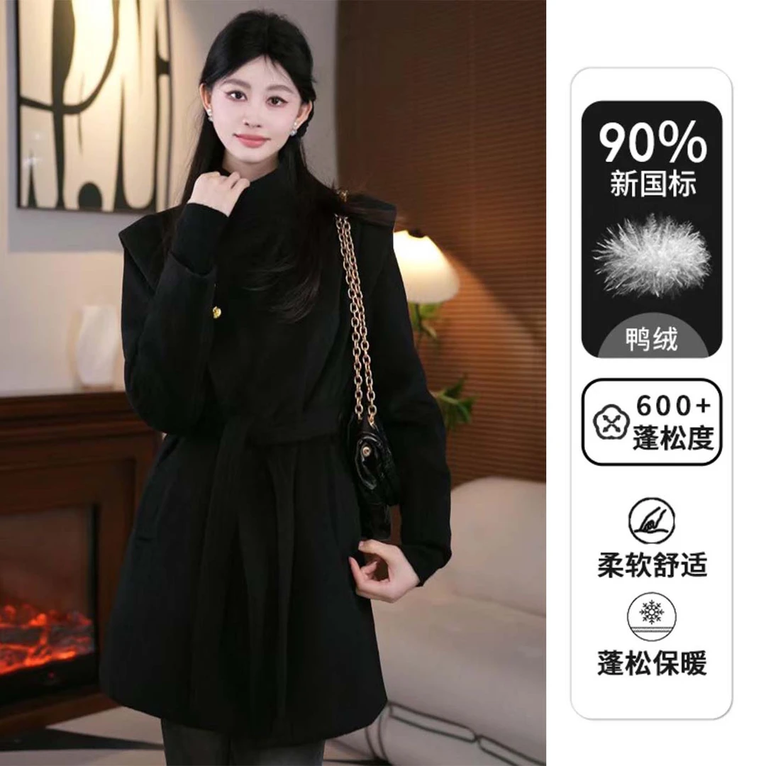 4U秋冬90白鸭绒欧贝呢大衣羽绒显瘦气质时尚高级百搭毛呢外套