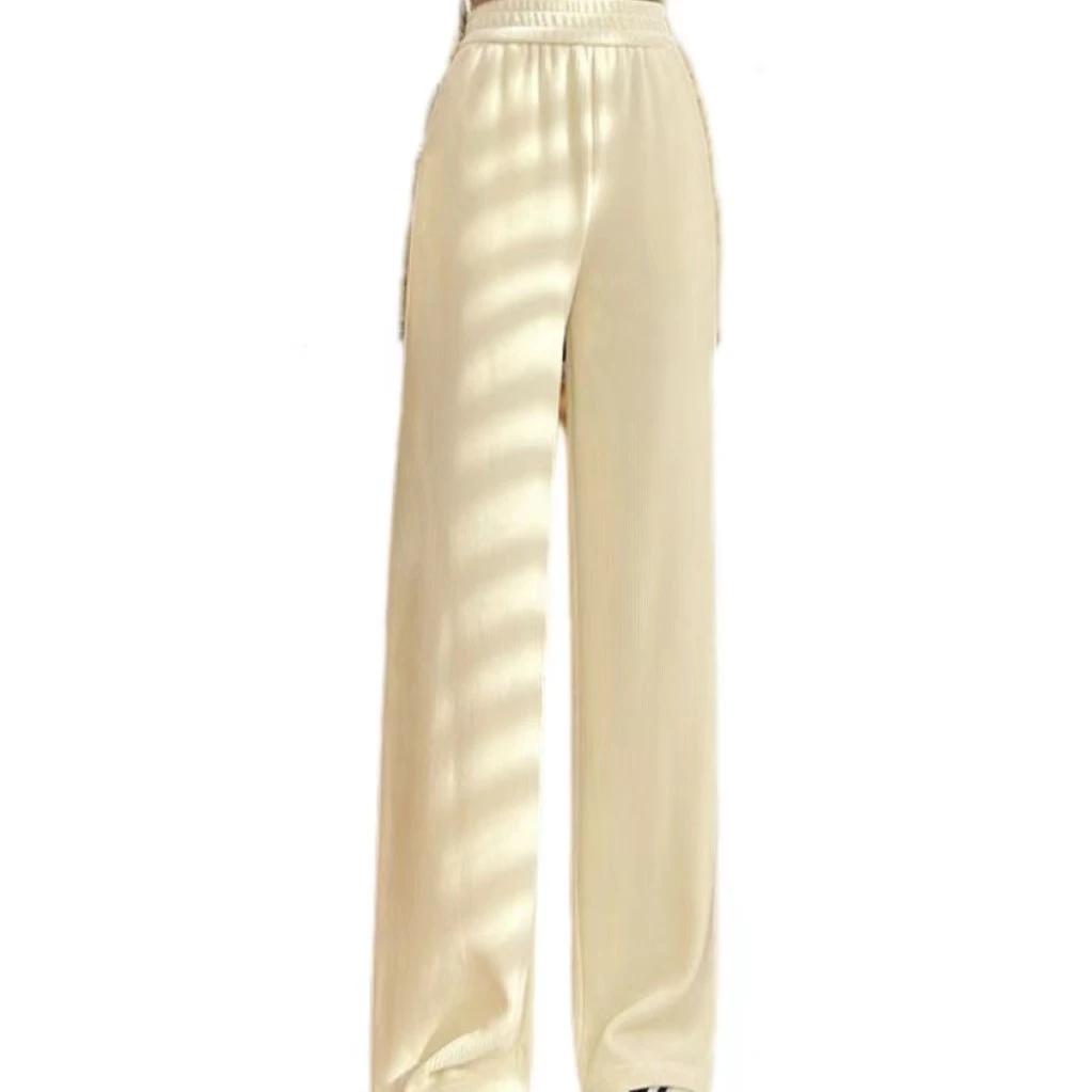 2023春夏秋女士直筒休闲细条纹针织中高腰空退裤