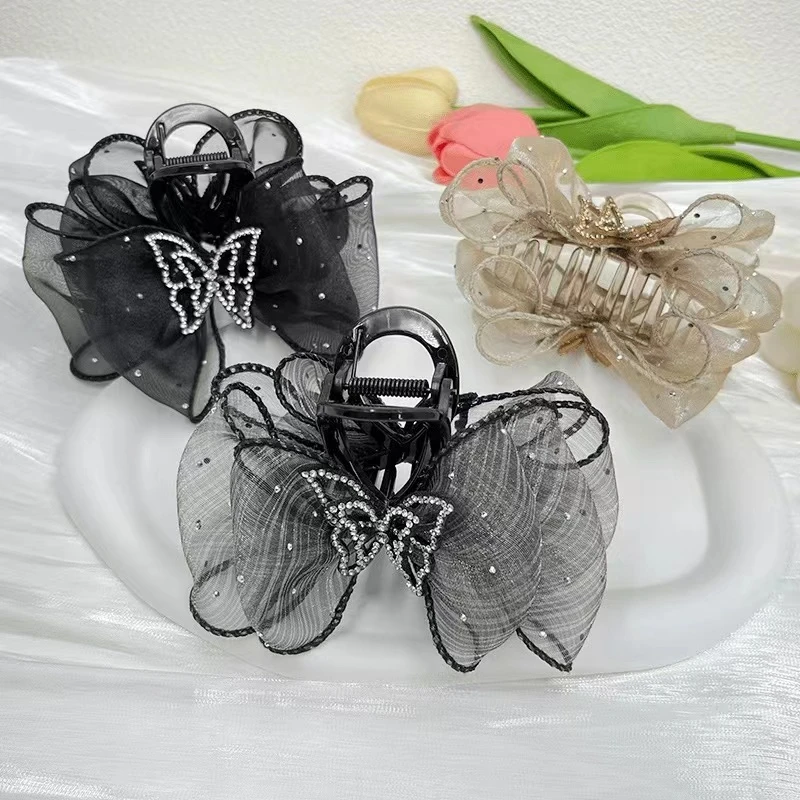 高端蝴蝶结抓夹女新款网纱泡泡鲨鱼夹半扎发发夹子后脑勺盘发头饰