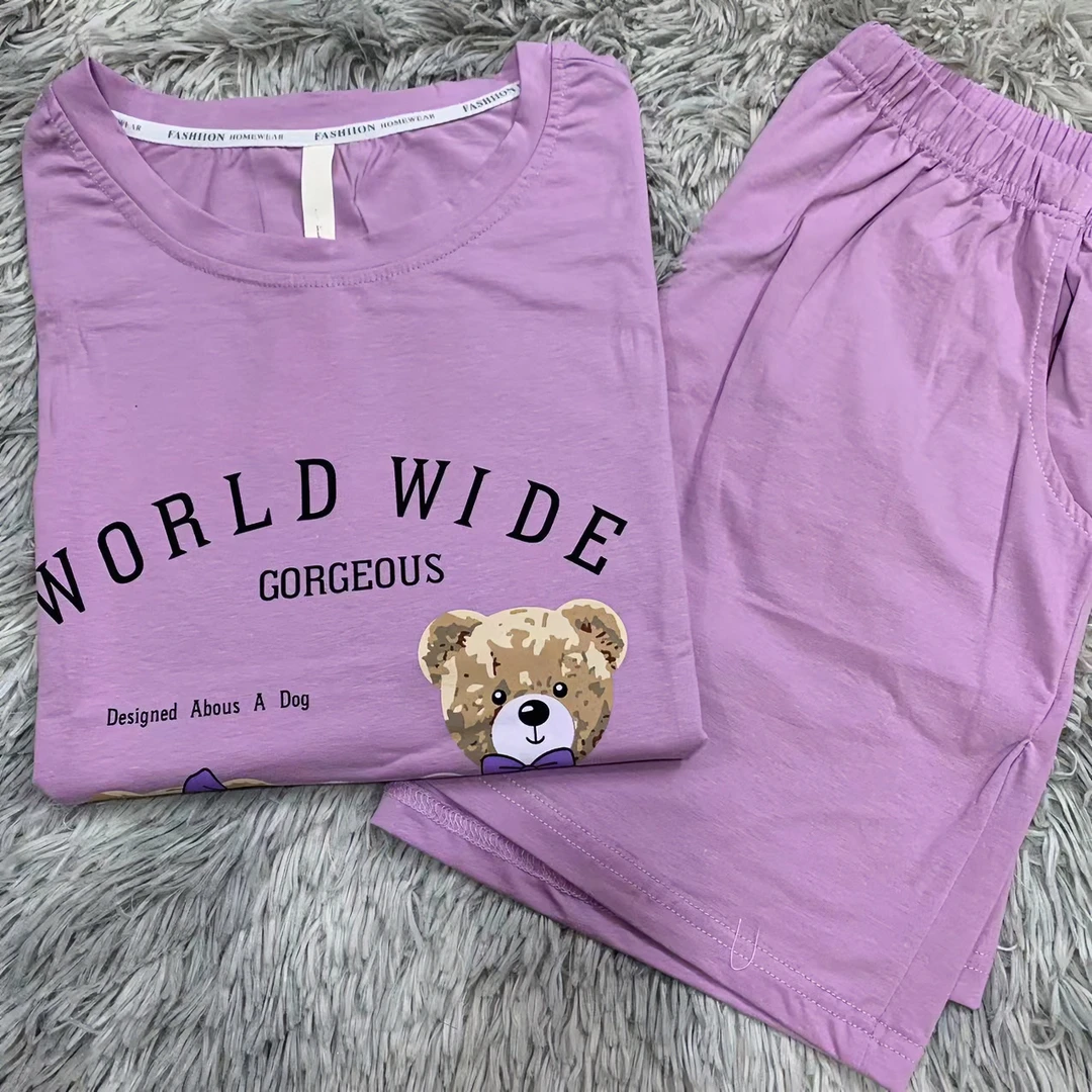 拼嘴猫家短袖短裤紧密爽棉纯棉紫色字母小熊睡衣套装女