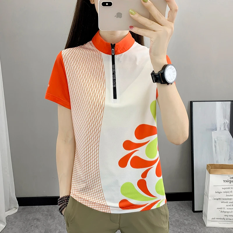 户外花色立领冰丝弹力轻薄速干衣女短袖T恤女运动跑步登山快干衣