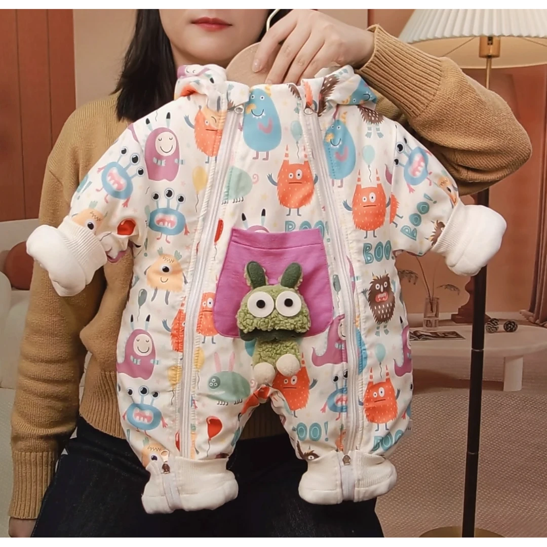 婴儿衣服冬装加绒连体衣超萌哈衣宝宝涂鸦棉衣外套冬季外出服棉服