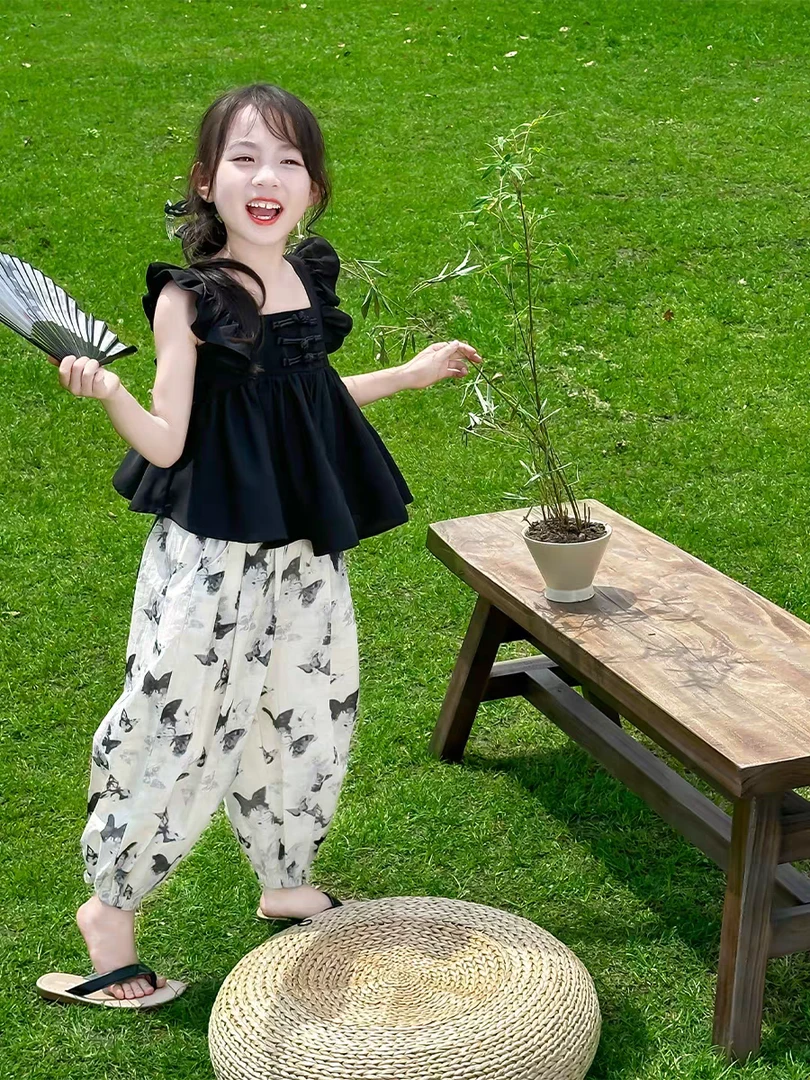 女童小女孩套装洋气夏季薄款女孩泡泡袖无袖阔腿宽松露肩韩版时髦