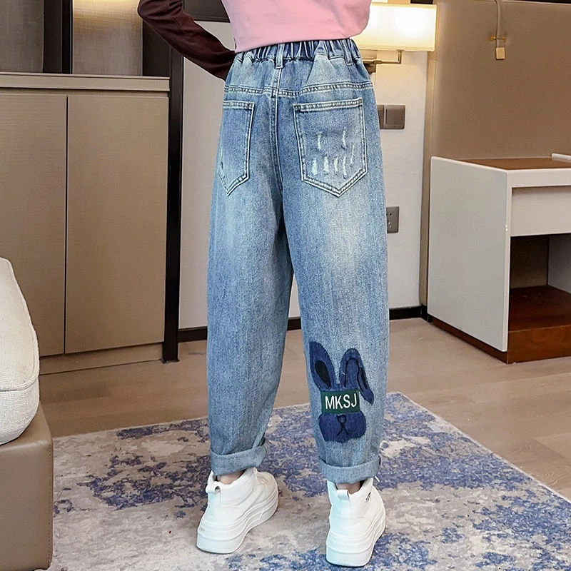 儿童牛仔裤裤子童装春秋女童宽松中大童学生休闲薄款女童裤子6-12