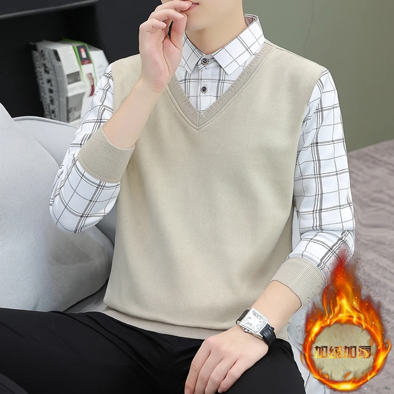 男士假两件加绒加厚衬衫秋冬青年毛衣保暖针织衫条纹套头毛衫