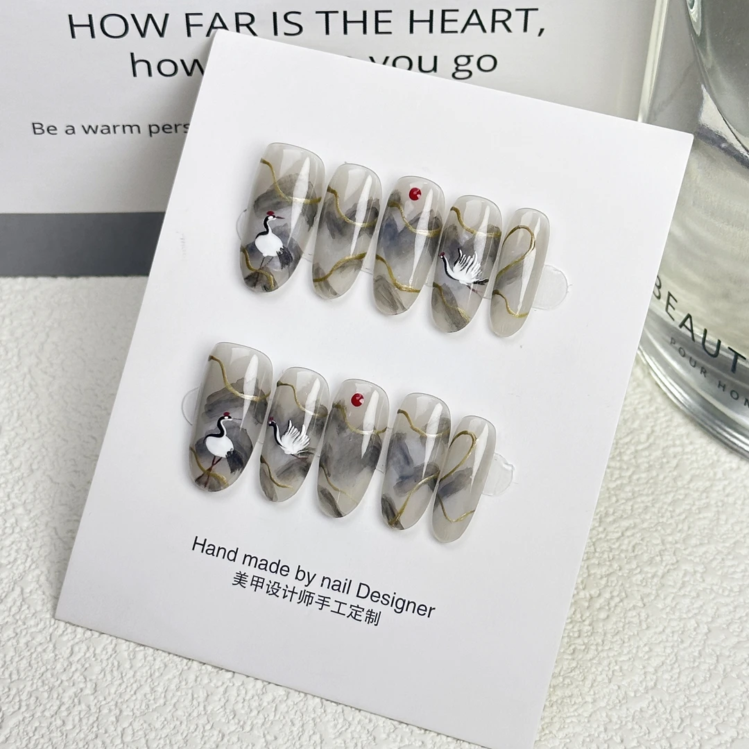 新中式手工美甲 手绘 丹顶鹤 全甲型