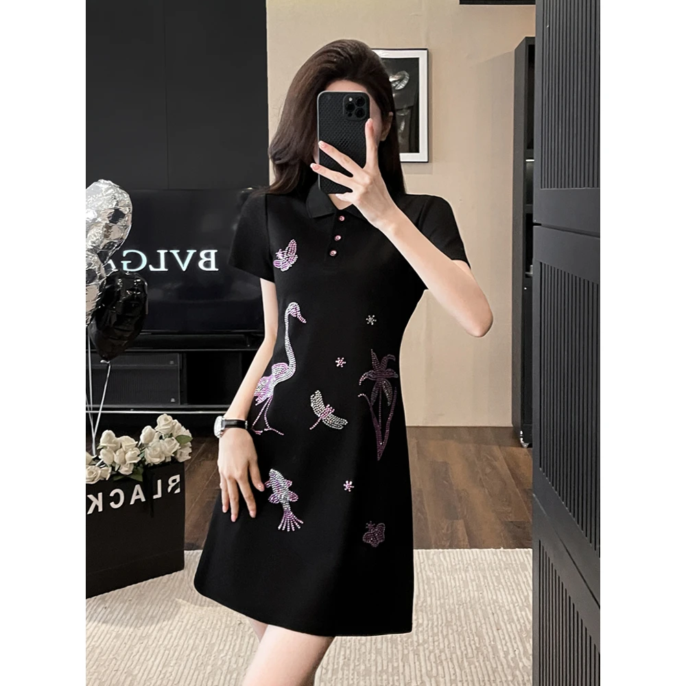 2024宽松女装新款夏季POLO领时尚烫钻高级感显瘦裙子小个子宽松连