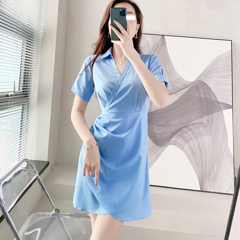 爆款新款大码女装胖mm小心机设计感褶皱收腰显瘦休闲不规则连衣裙