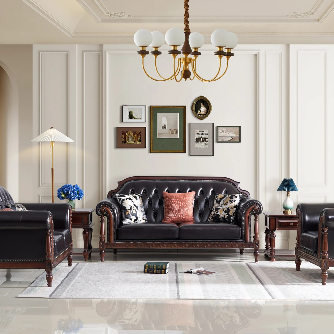 美式实木框架沙发321整套客厅复古头层牛皮沙发