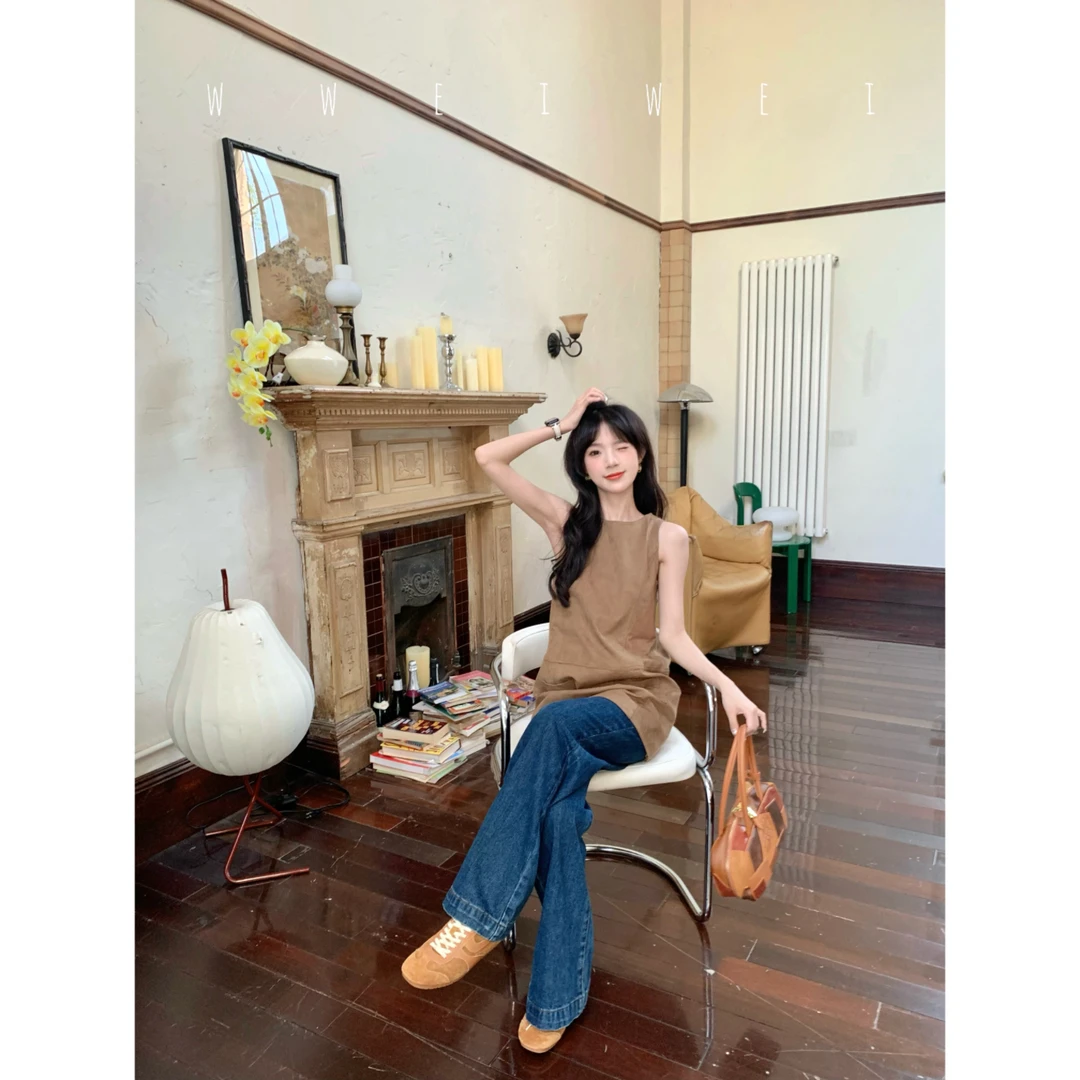 是玮玮哦【摩登裤】简约直筒高腰阔腿深蓝色牛仔裤