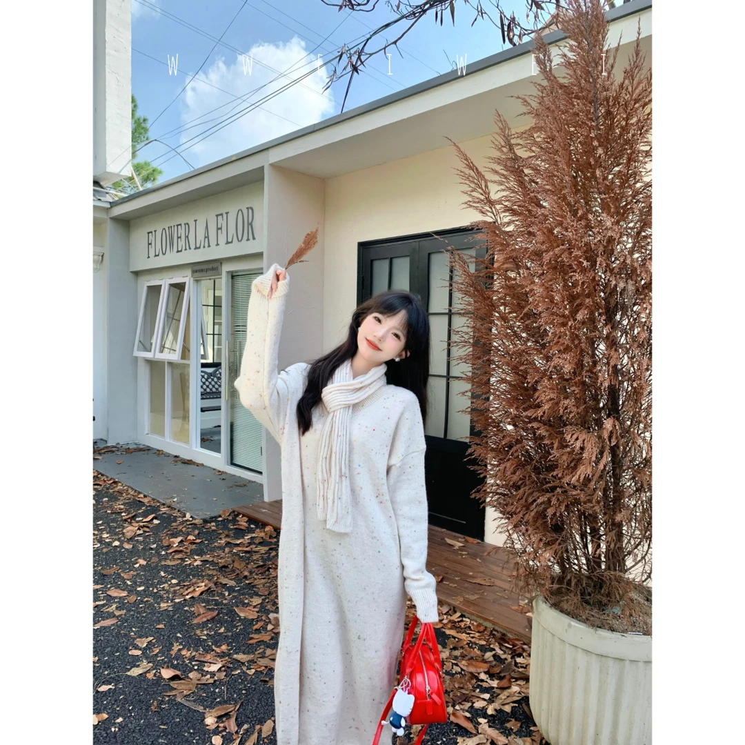 是玮玮哦【半香缇卡】粉色中长款宽松时尚直筒过膝针织连衣裙