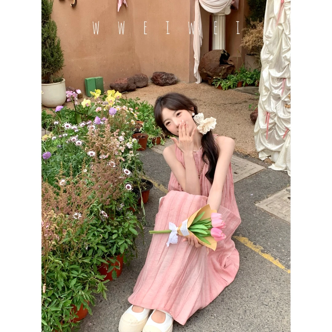 是玮玮哦【慵懒假日】夏日度假风粉色晕染连衣裙