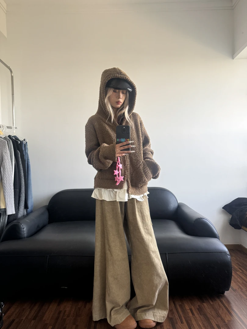 秋冬新款连帽拉链针织开衫外套女➕宽松慵懒显瘦遮胯阔腿裤