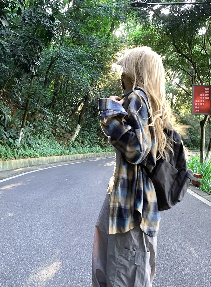 freedom！单排扣格子外穿复古百搭休闲长袖女宽松上衣显瘦衬衫