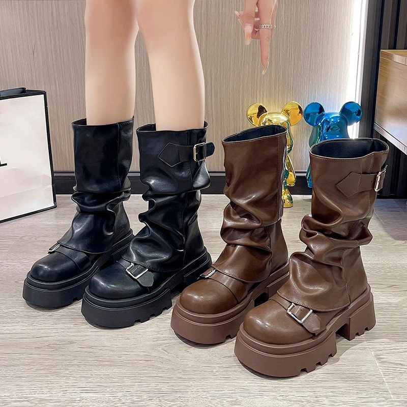 棕色百搭厚底增高马丁靴2024新款秋季美式复古美拉德中筒靴西部靴