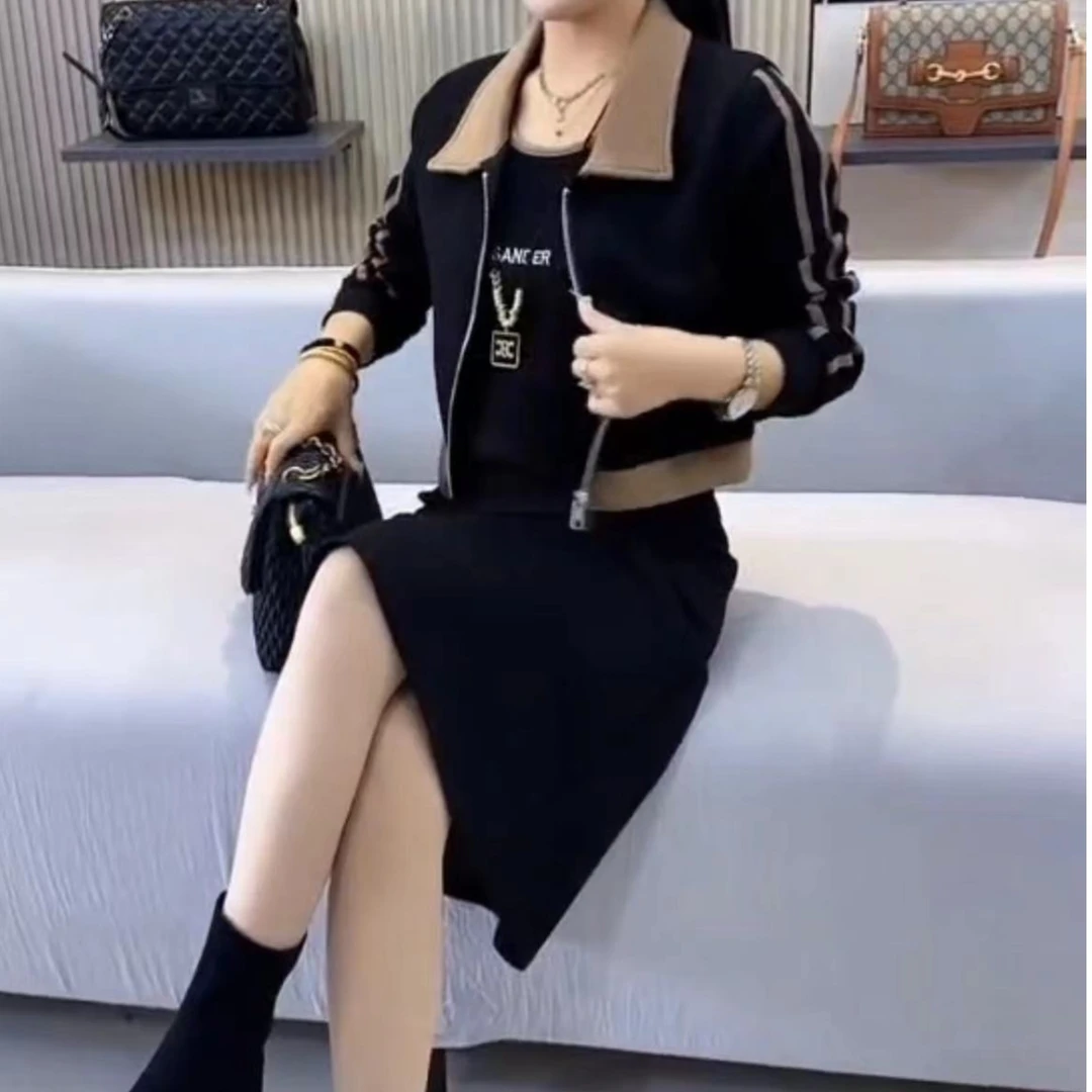 网红爆款2023早秋新款休闲风拼色宽松外套+无袖中长款连衣裙套装