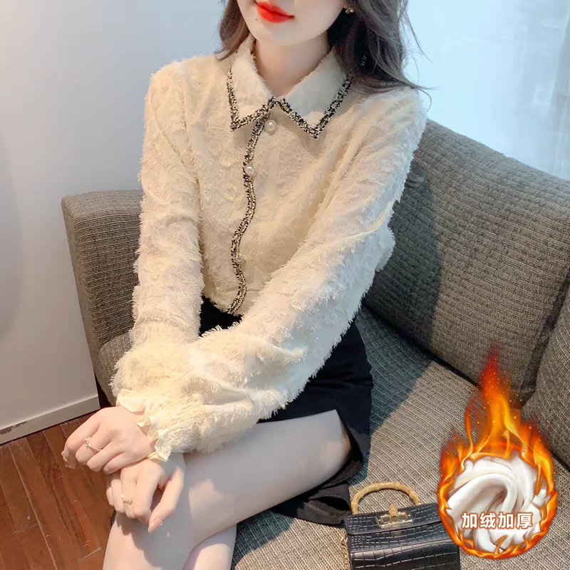 6180法式蕾丝衬衫女装秋冬内搭打底小衫洋气别致拼接长袖上衣