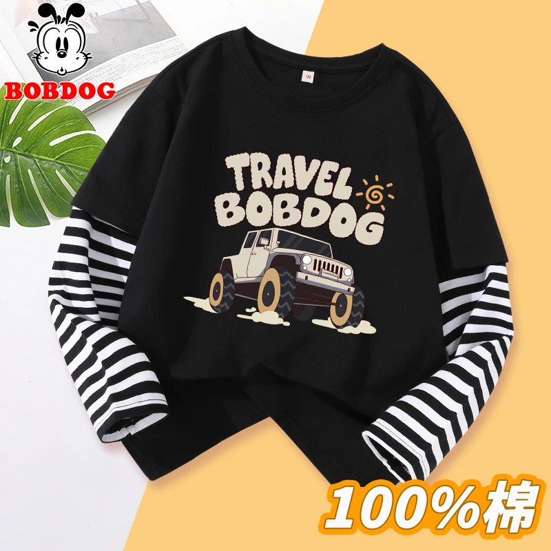 巴布豆卡乐男童纯棉拼接长袖2024新款秋季假两件童装儿童打底衫潮