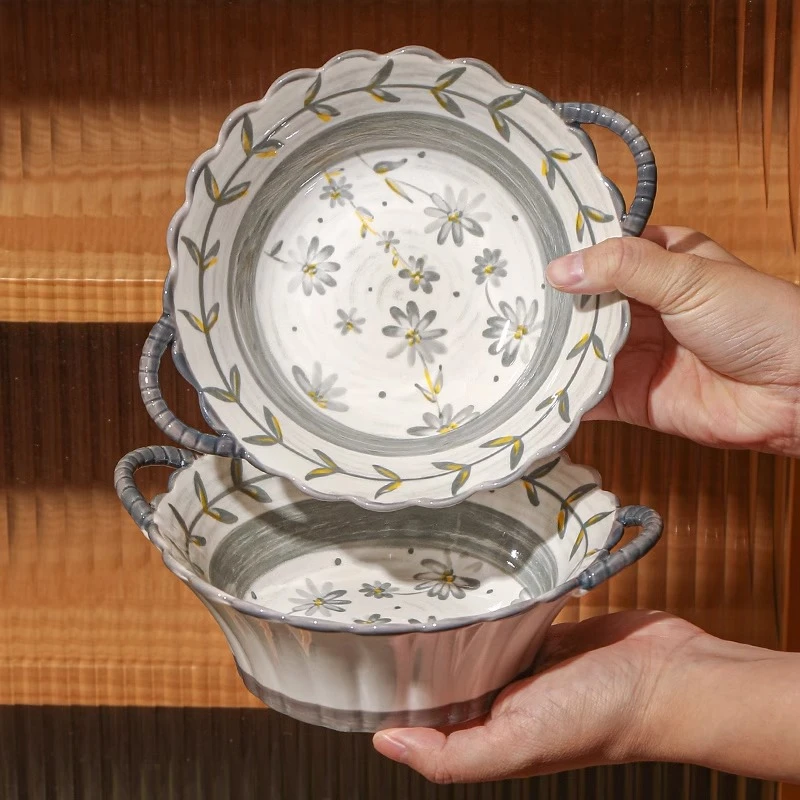 荷意双耳面碗家用不规则泡面碗面条碗沙拉碗陶瓷汤碗大号螺蛳粉碗